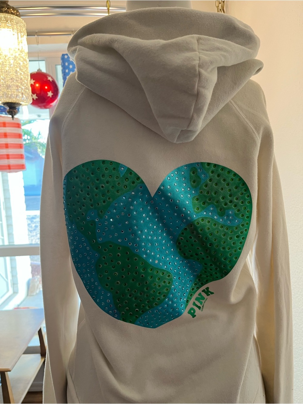 Beautiful Vintage Pink White Hoodie with Green & Teal Heart Graphic